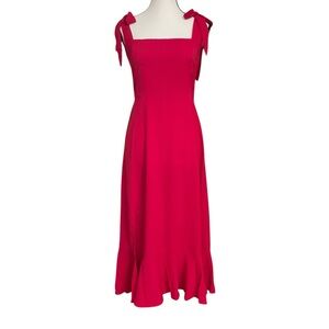 Red Botton Flare Adjustable Tie Shoulder Smocking‎ Back Midi Sundress